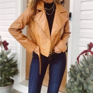 Camel faux leather belted moto jacket
